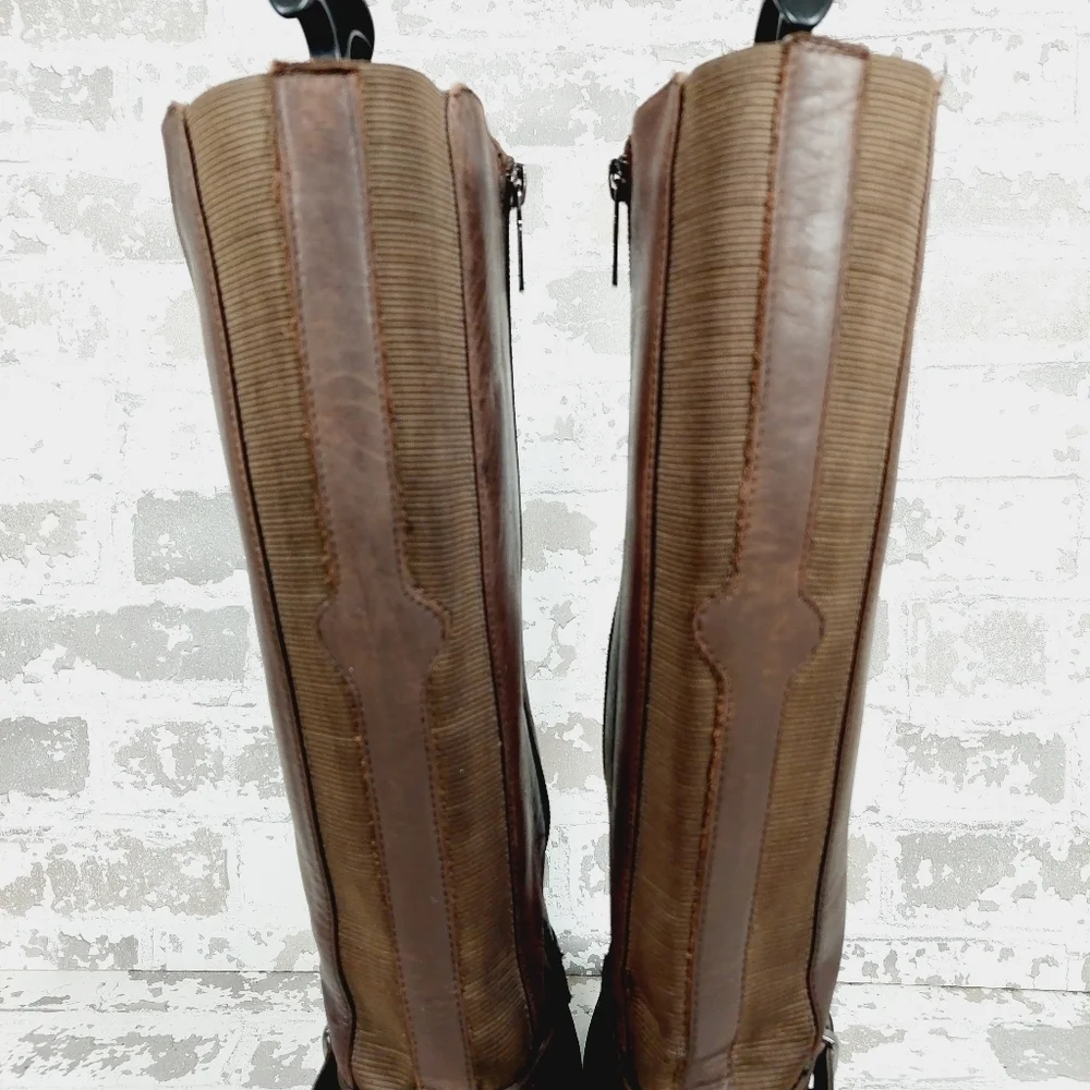 Blondo Valente Brown Leather Elastic Panel Buckle Detail Riding Boots H684